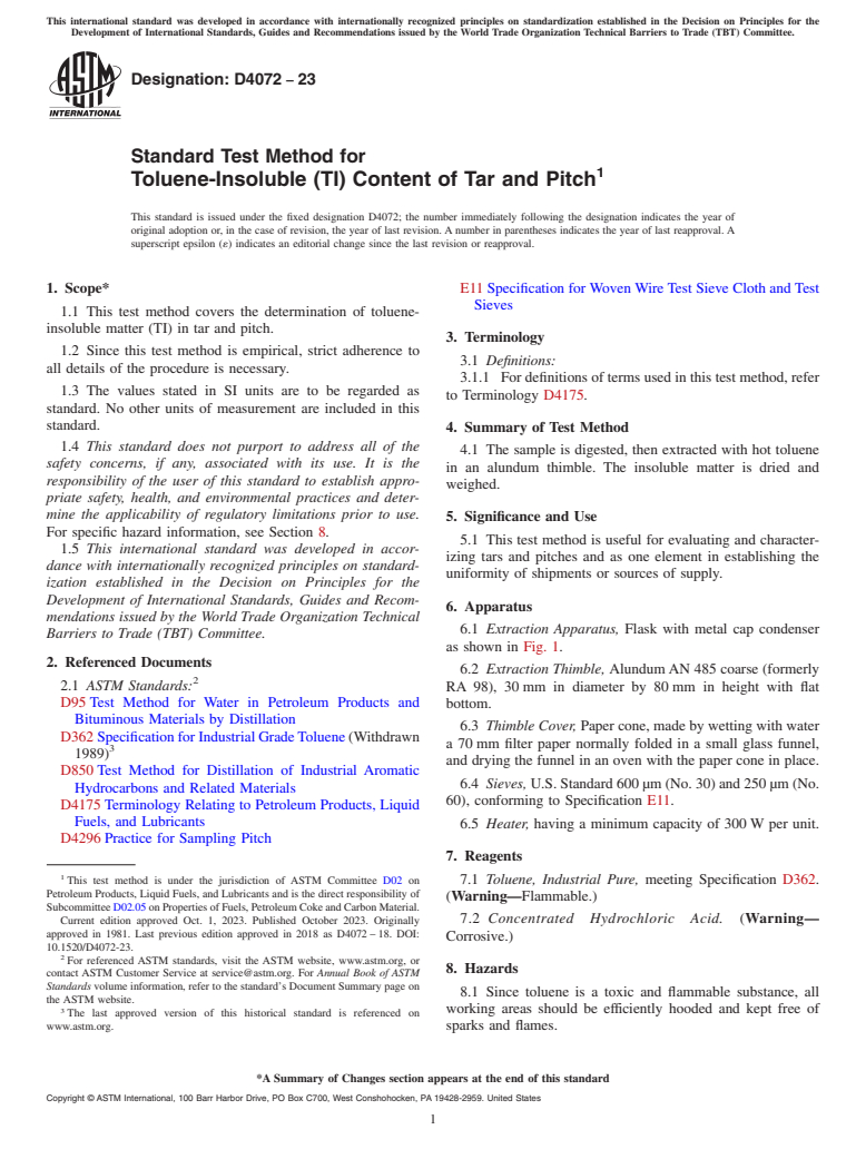 ASTM D4072-23 - Standard Test Method for  Toluene-Insoluble (TI) Content of Tar and Pitch