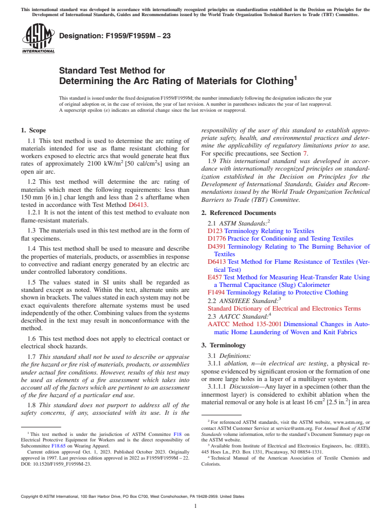 ASTM F1959/F1959M-23 - Standard Test Method for  Determining the Arc Rating of Materials for Clothing