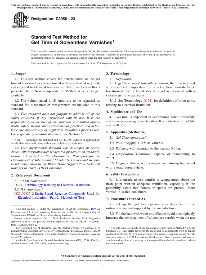 ASTM D3056-23 - Standard Test Method for  Gel Time of Solventless Varnishes
