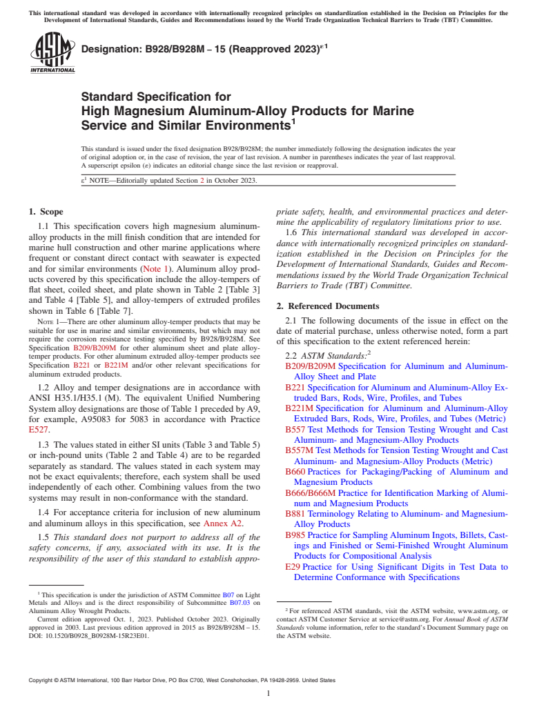 ASTM B928/B928M-15(2023)e1 - Standard Specification for High Magnesium Aluminum-Alloy Products for Marine Service and  Similar Environments