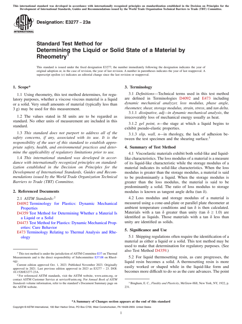 ASTM E3277-23a - Standard Test Method for Determining the Liquid or Solid State of a Material by Rheometry