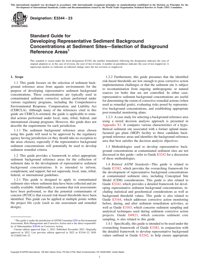 ASTM E3344-23 - Standard Guide for Developing Representative Sediment Background Concentrations  at Sediment Sites—Selection of Background Reference Areas