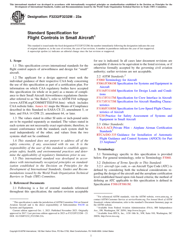 ASTM F3232/F3232M-23a - Standard Specification for Flight Controls in Small Aircraft