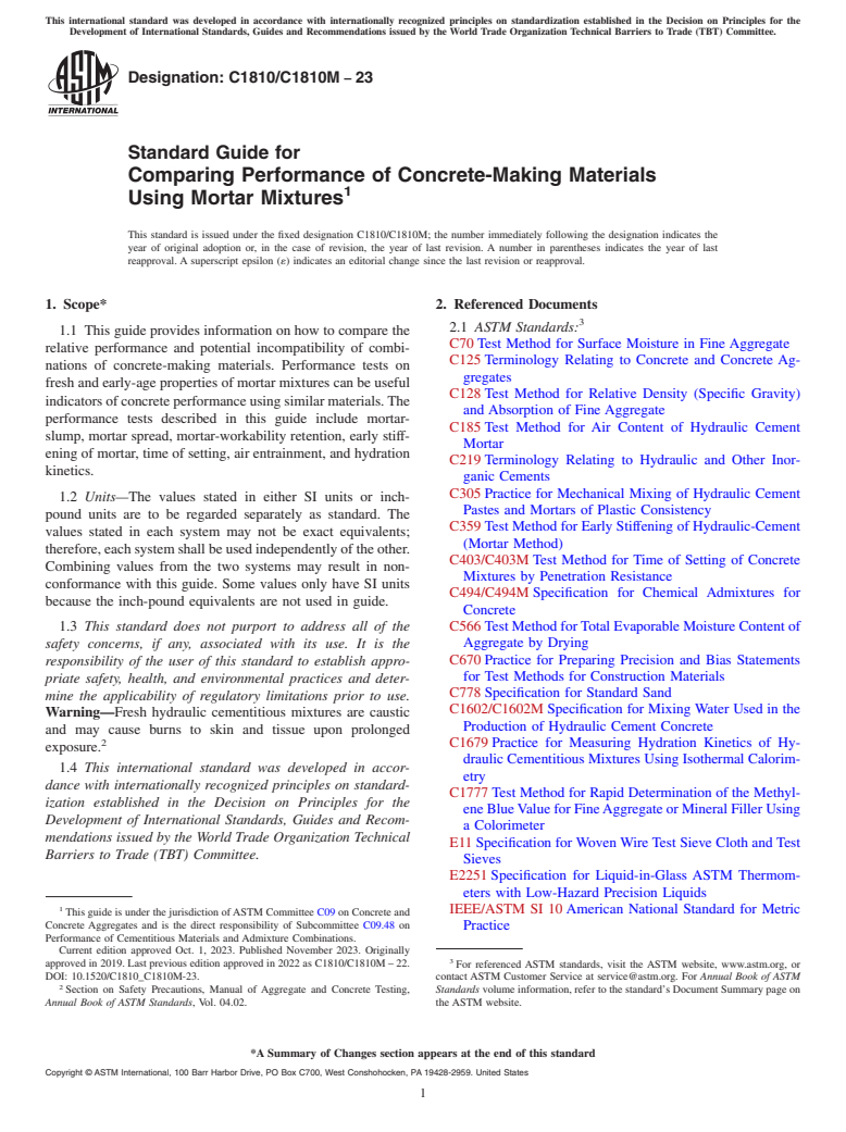 ASTM C1810/C1810M-23 - Standard Guide for Comparing Performance of Concrete-Making Materials Using Mortar  Mixtures