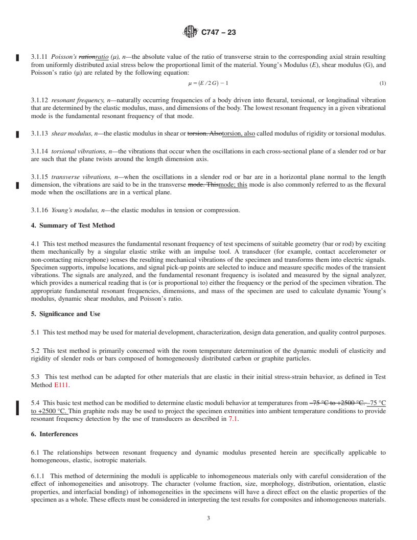 REDLINE ASTM C747-23 - Standard Test Method for  Moduli of Elasticity and Fundamental Frequencies of Carbon  and Graphite Materials by Sonic Resonance