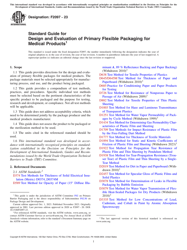 ASTM F2097-23 - Standard Guide for  Design and Evaluation of Primary Flexible Packaging for Medical  Products