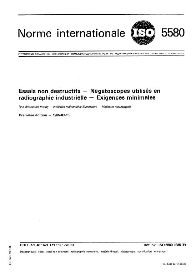 ISO 5580:1985 - Essais non destructifs -- Négatoscopes utilisés en radiographie industrielle -- Exigences minimales