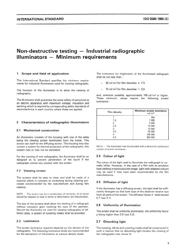 ISO 5580:1985 - Non-destructive testing -- Industrial radiographic illuminators -- Minimum requirements