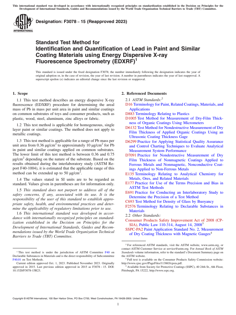 ASTM F3078-15(2023) - Standard Test Method for Identification and Quantification of Lead in Paint and Similar  Coating Materials using Energy Dispersive X-ray Fluorescence Spectrometry  (EDXRF)