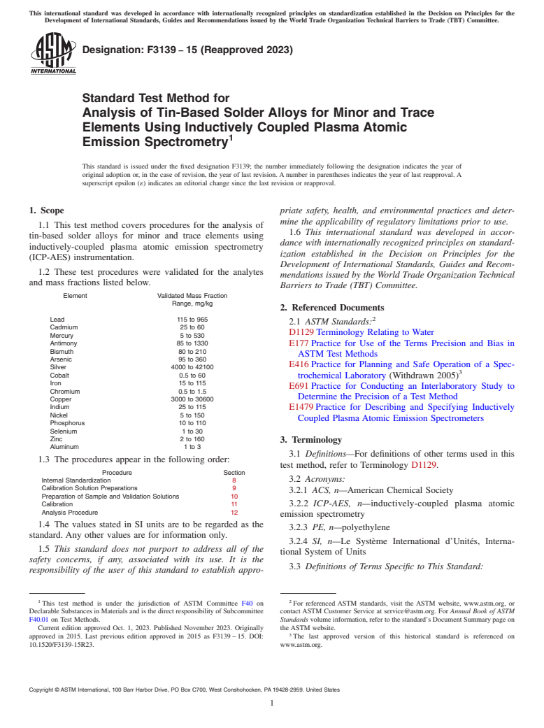 ASTM F3139-15(2023) - Standard Test Method for Analysis of Tin-Based Solder Alloys for Minor and Trace Elements  Using Inductively Coupled Plasma Atomic Emission Spectrometry