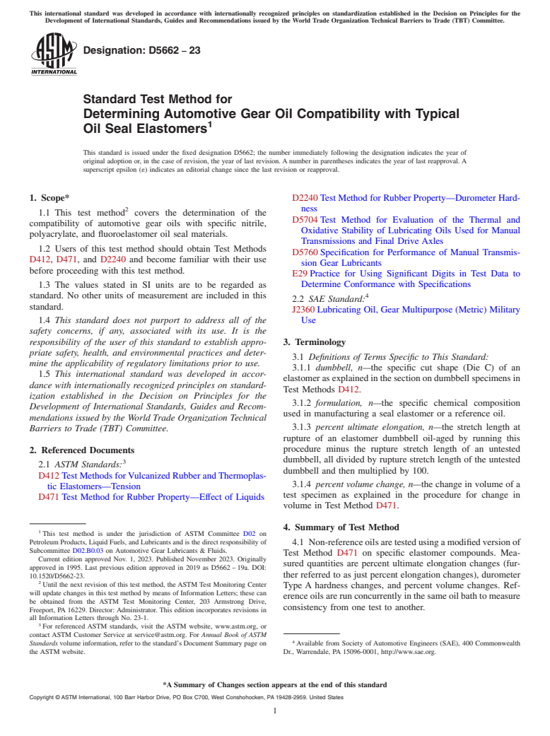 ASTM D5662-23 - Standard Test Method for Determining Automotive Gear Oil Compatibility with Typical  Oil Seal Elastomers