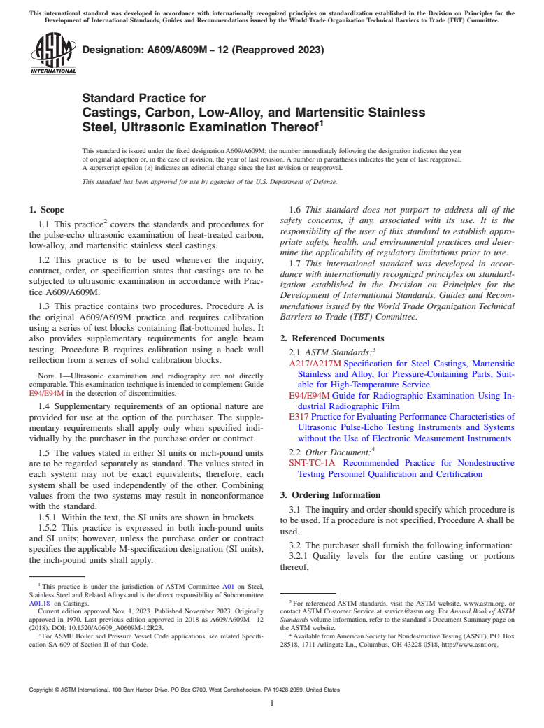 ASTM A609/A609M-12(2023) - Standard Practice for  Castings, Carbon, Low-Alloy, and Martensitic Stainless Steel,  Ultrasonic Examination Thereof