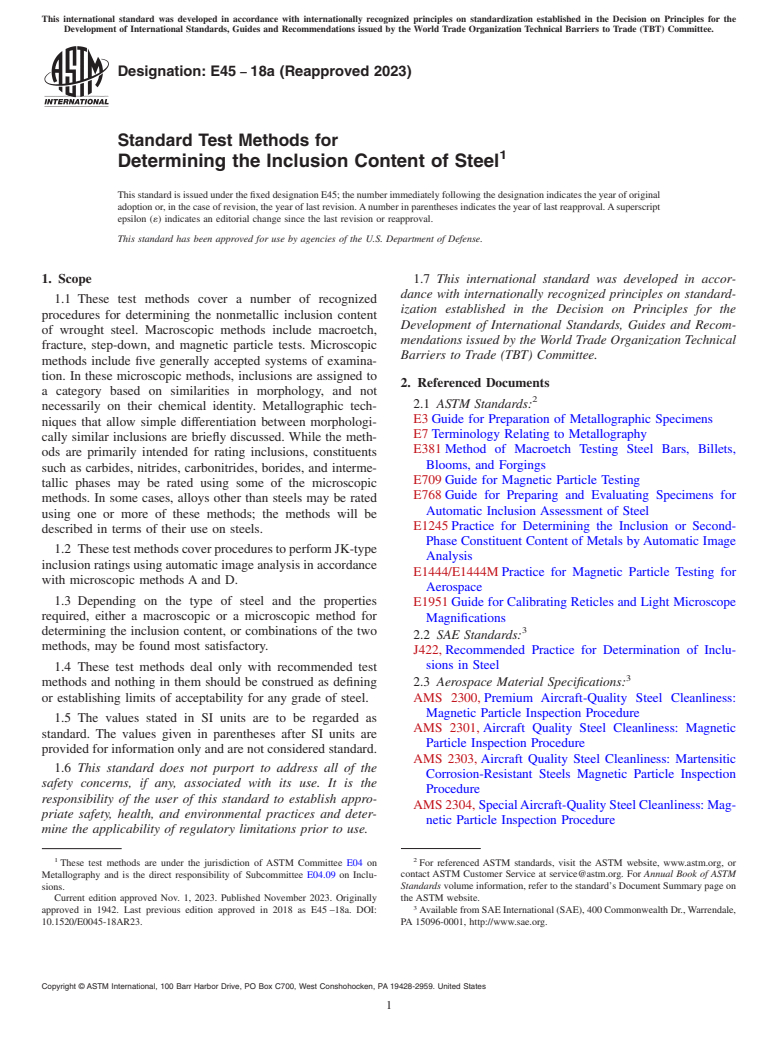 ASTM E45-18a(2023) - Standard Test Methods for  Determining the Inclusion Content of Steel