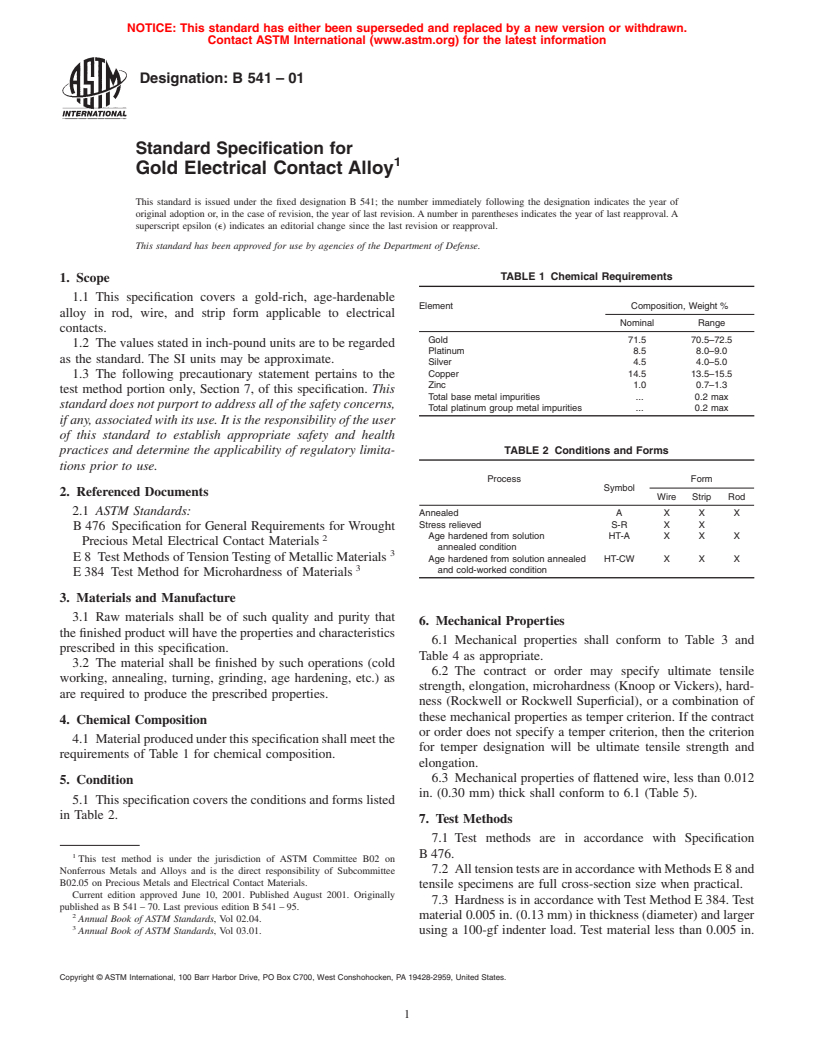 ASTM B541-01 - Standard Specification for Gold Electrical Contact Alloy