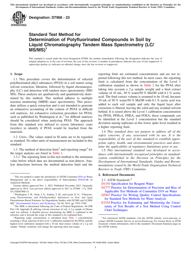 ASTM D7968-23 - Standard Test Method for Determination of Polyfluorinated Compounds in Soil by Liquid  Chromatography Tandem Mass Spectrometry (LC/MS/MS)