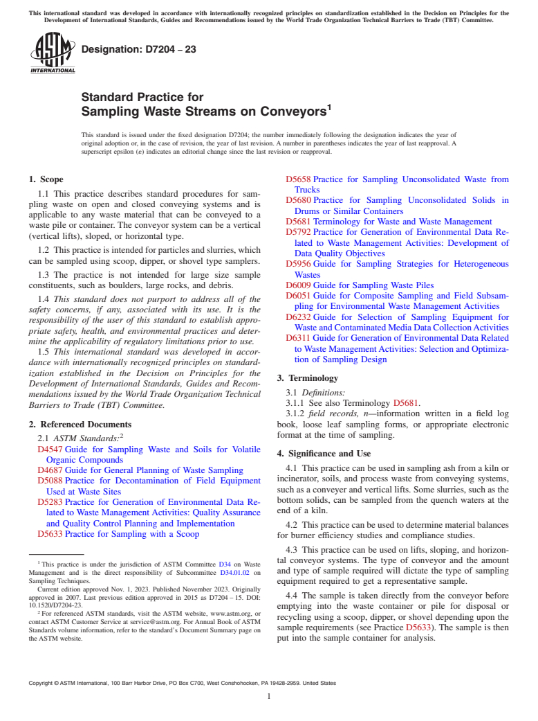 ASTM D7204-23 - Standard Practice for  Sampling Waste Streams on Conveyors