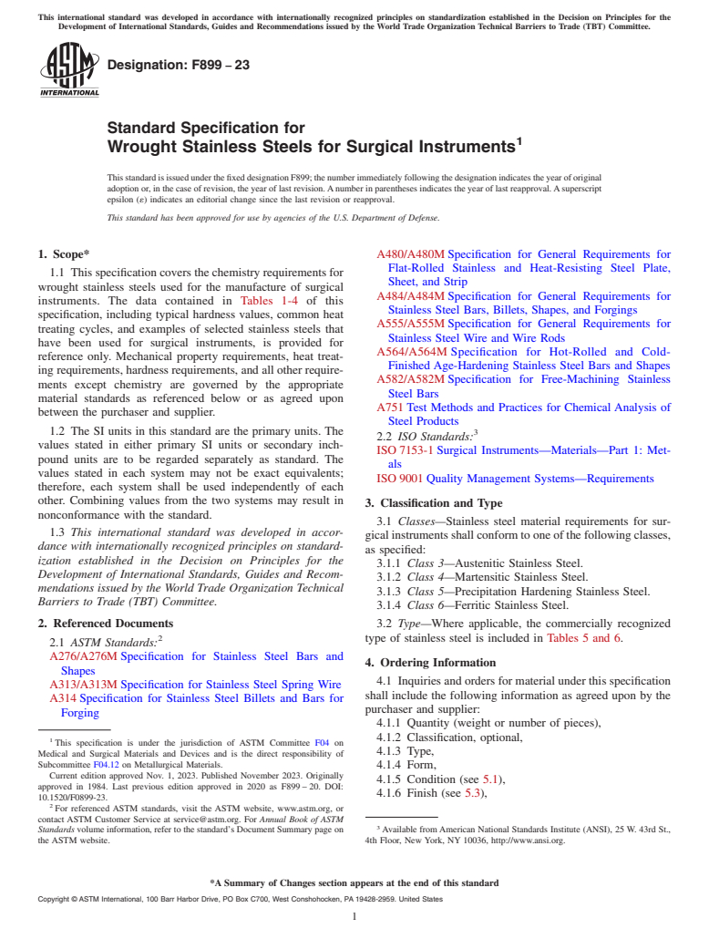 ASTM F899-23 - Standard Specification for  Wrought Stainless Steels for Surgical Instruments
