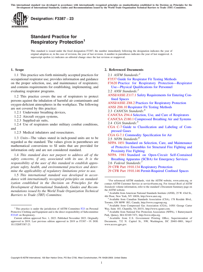 ASTM F3387-23 - Standard Practice for Respiratory Protection