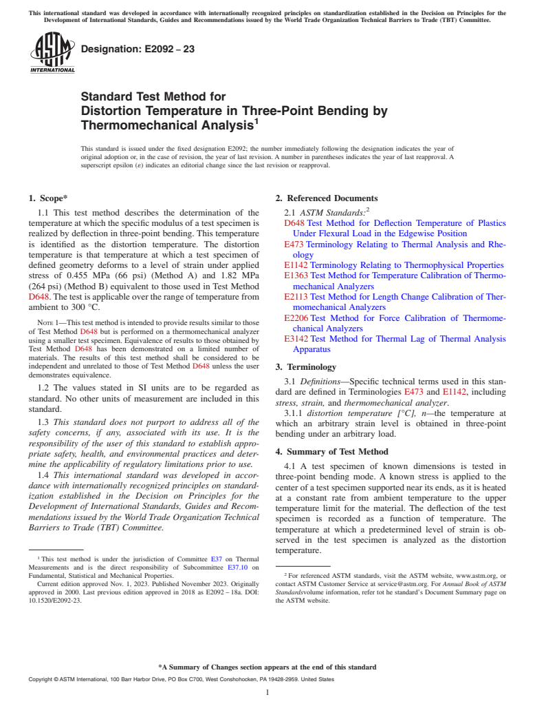 ASTM E2092-23 - Standard Test Method for  Distortion Temperature in Three-Point Bending by Thermomechanical  Analysis