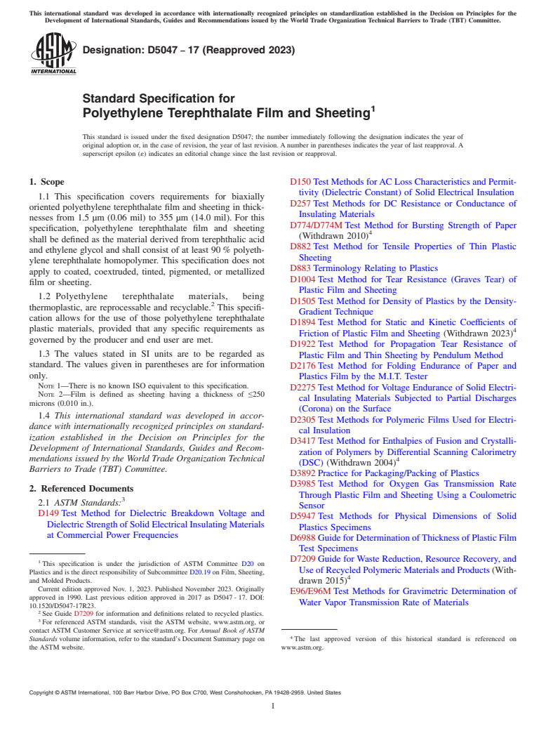 ASTM D5047-17(2023) - Standard Specification for  Polyethylene Terephthalate Film and Sheeting