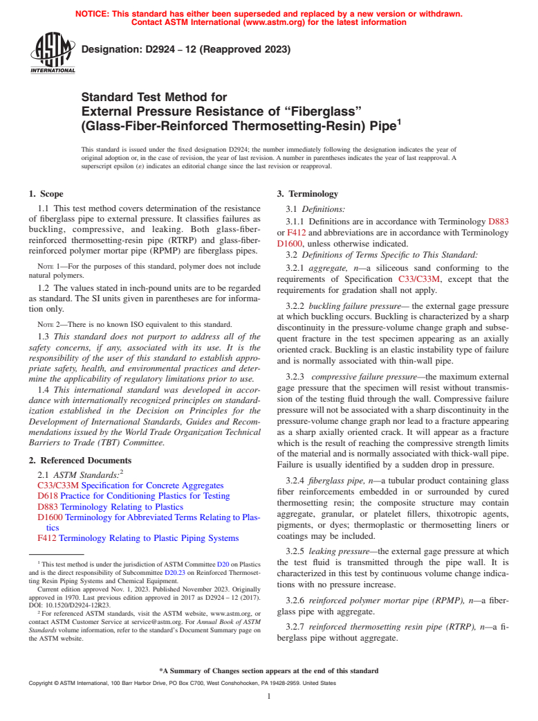 ASTM D2924-12(2023) - Standard Test Method for External Pressure Resistance of “Fiberglass”<brk  /> (Glass-Fiber-Reinforced Thermosetting-Resin) Pipe