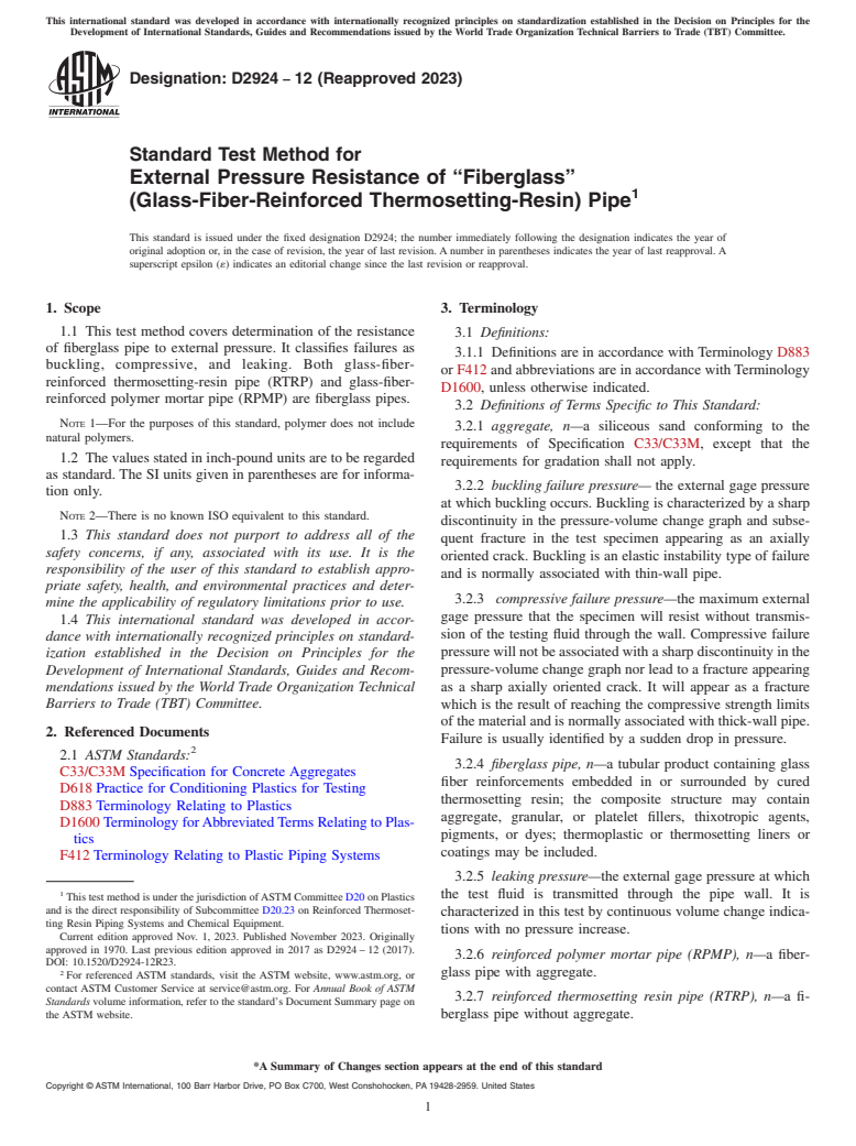 ASTM D2924-12(2023) - Standard Test Method for External Pressure Resistance of “Fiberglass”<brk  /> (Glass-Fiber-Reinforced Thermosetting-Resin) Pipe