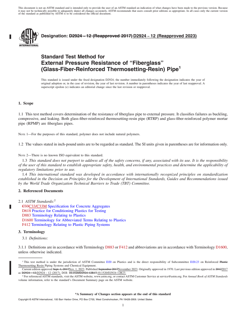 REDLINE ASTM D2924-12(2023) - Standard Test Method for External Pressure Resistance of “Fiberglass”<brk  /> (Glass-Fiber-Reinforced Thermosetting-Resin) Pipe