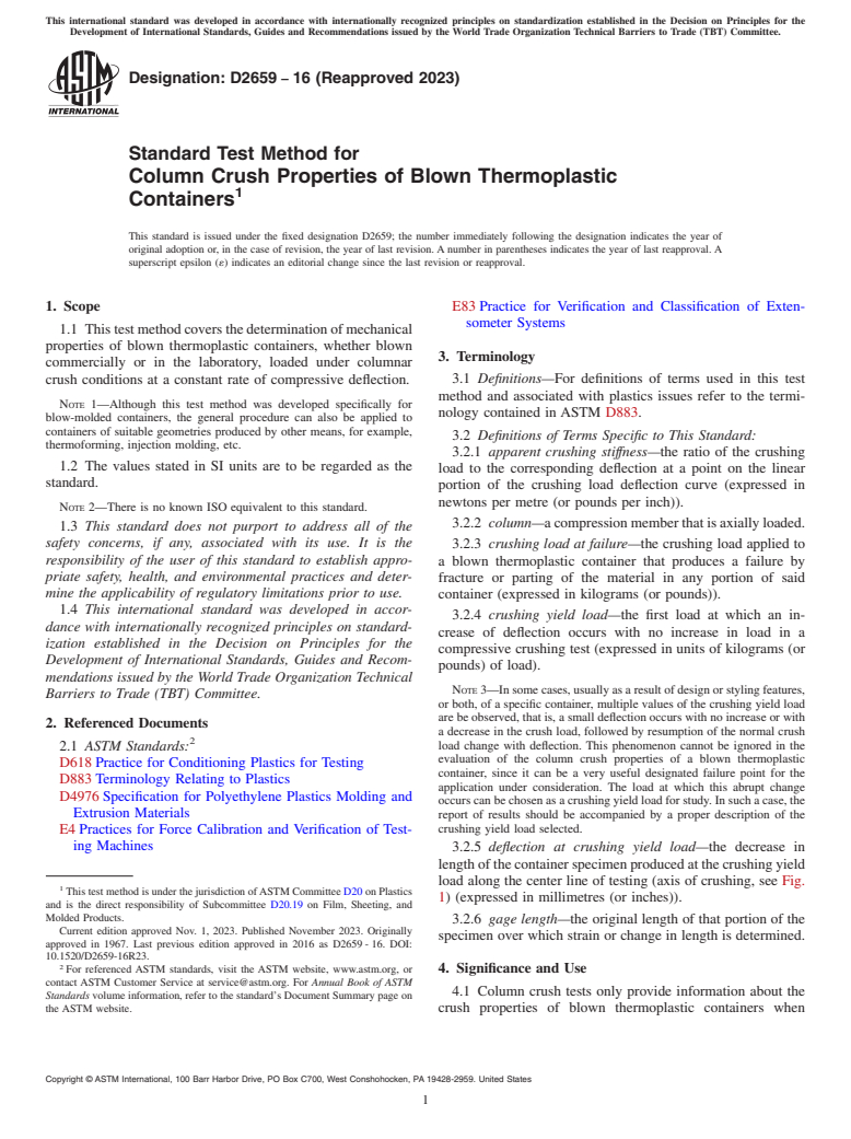 ASTM D2659-16(2023) - Standard Test Method for Column Crush Properties of Blown Thermoplastic Containers