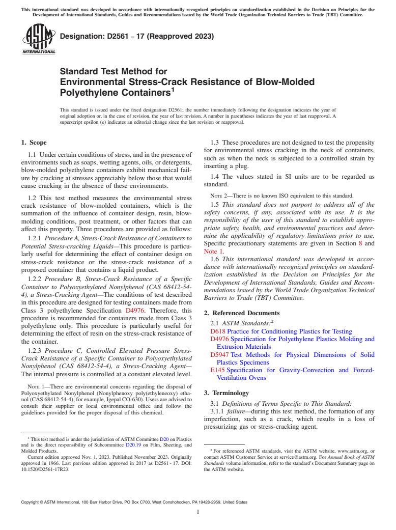 ASTM D2561-17(2023) - Standard Test Method for  Environmental Stress-Crack Resistance of Blow-Molded Polyethylene  Containers