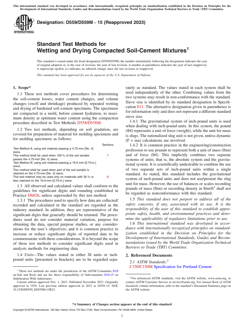 ASTM D559/D559M-15(2023) - Standard Test Methods for Wetting and Drying Compacted Soil-Cement Mixtures