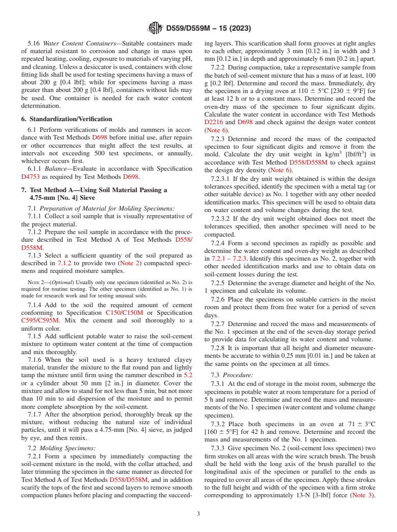 ASTM D559/D559M-15(2023) - Standard Test Methods for Wetting and Drying Compacted Soil-Cement Mixtures