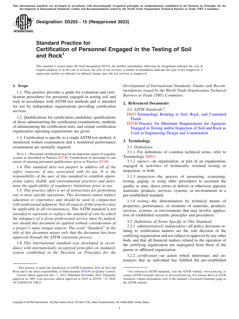 ASTM D5255-15(2023) - Standard Practice for Certification of Personnel Engaged in the Testing of Soil and  Rock