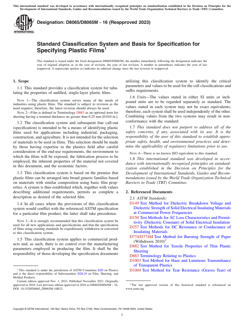 ASTM D8065/D8065M-16(2023) - Standard Classification System and Basis for Specification for Specifying Plastic Films