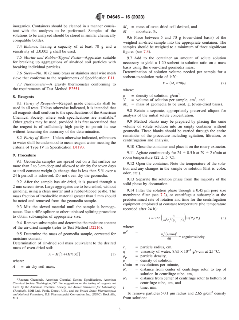 ASTM D4646-16(2023) - Standard Test Method for  24 h Batch-Type Measurement of Contaminant Sorption  by Soils and Sediments