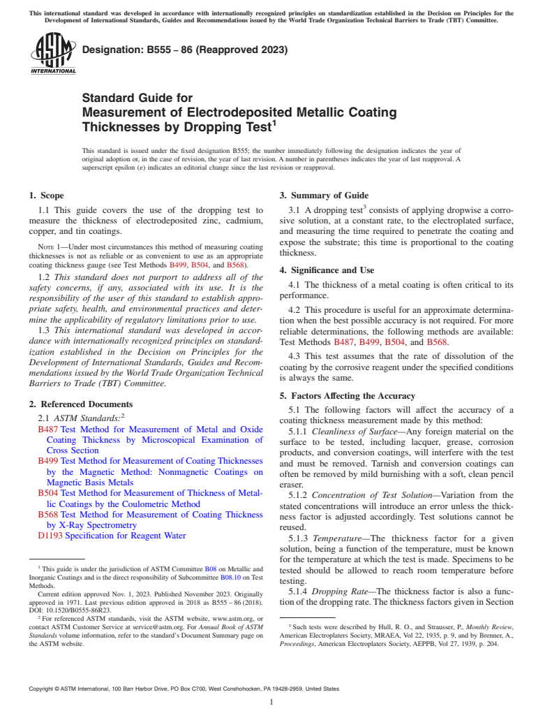 ASTM B555-86(2023) - Standard Guide for  Measurement of Electrodeposited Metallic Coating Thicknesses  by Dropping Test