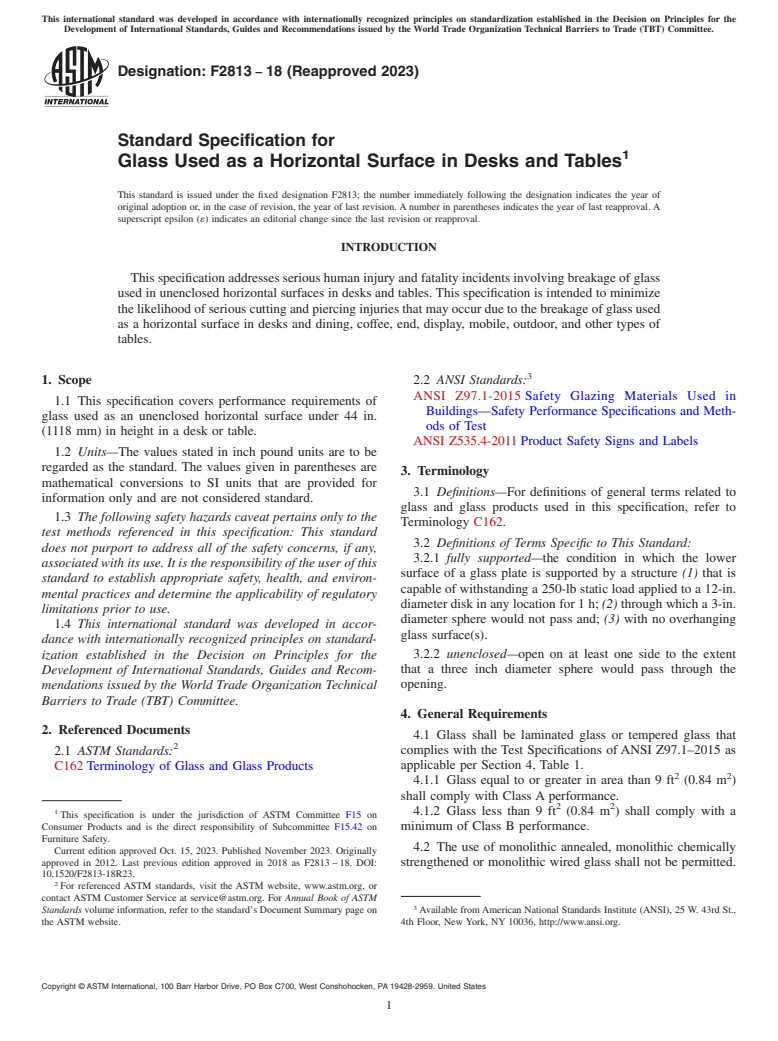 ASTM F2813-18(2023) - Standard Specification for Glass Used as a Horizontal Surface in  Desks and Tables