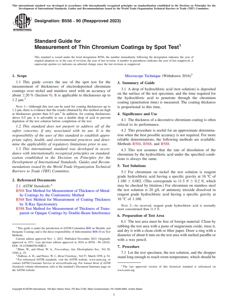 ASTM B556-90(2023) - Standard Guide for  Measurement of Thin Chromium Coatings by Spot Test