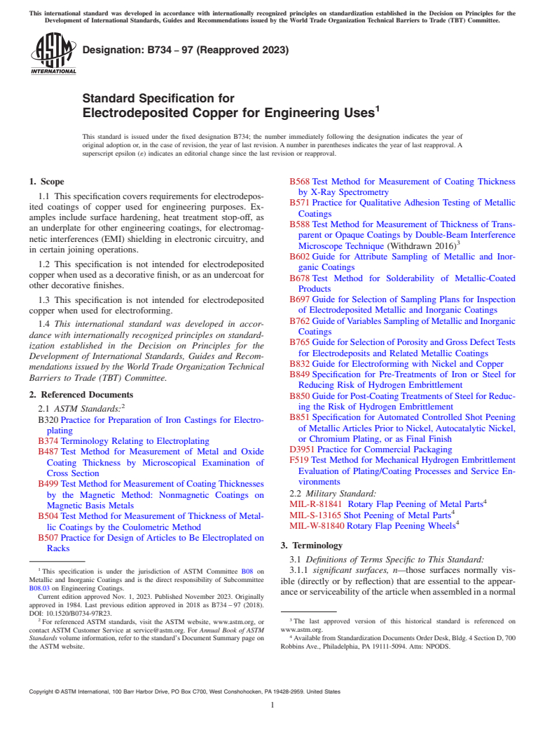 ASTM B734-97(2023) - Standard Specification for  Electrodeposited Copper for Engineering Uses