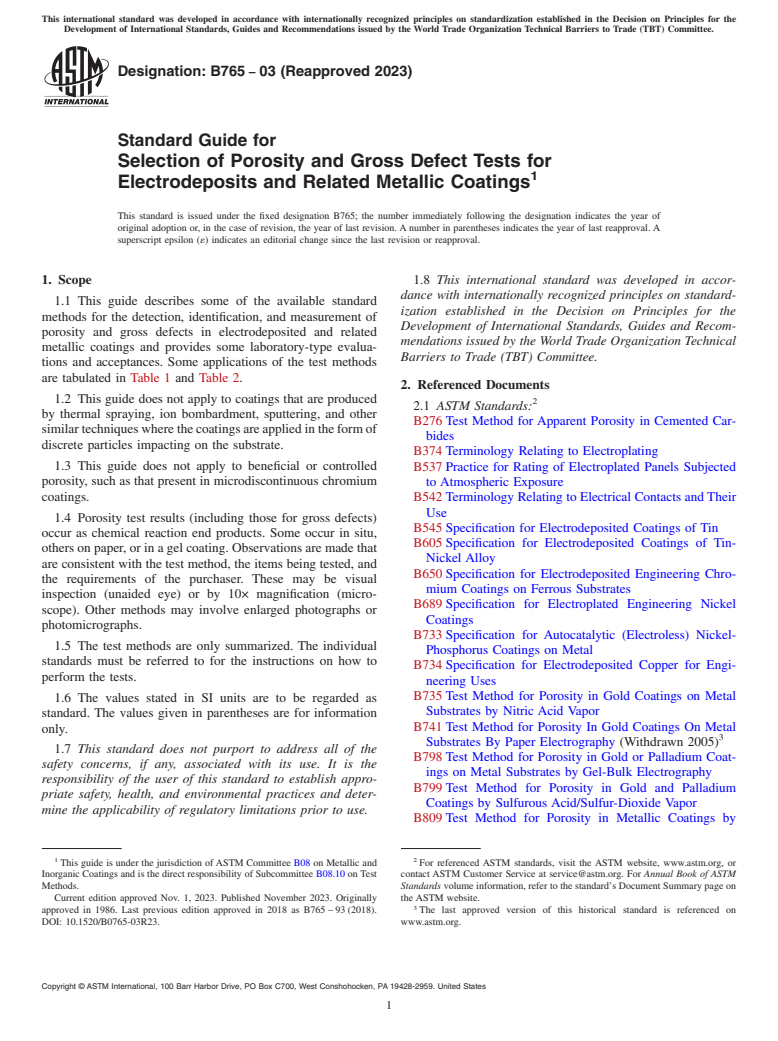 ASTM B765-03(2023) - Standard Guide for  Selection of Porosity and Gross Defect Tests for Electrodeposits  and Related Metallic Coatings