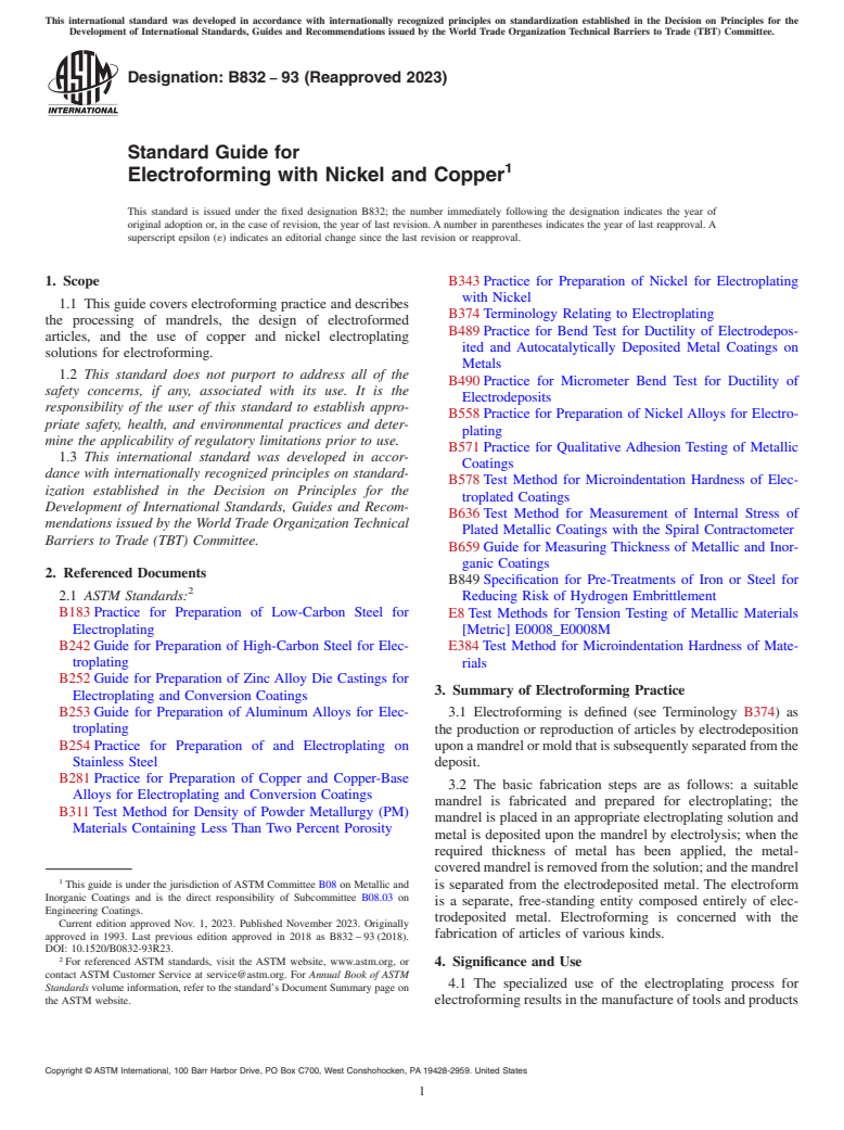 ASTM B832-93(2023) - Standard Guide for  Electroforming with Nickel and Copper