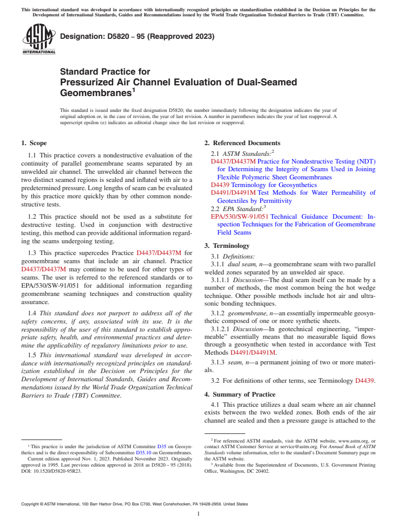 ASTM D5820-95(2023) - Standard Practice for  Pressurized Air Channel Evaluation of Dual-Seamed Geomembranes