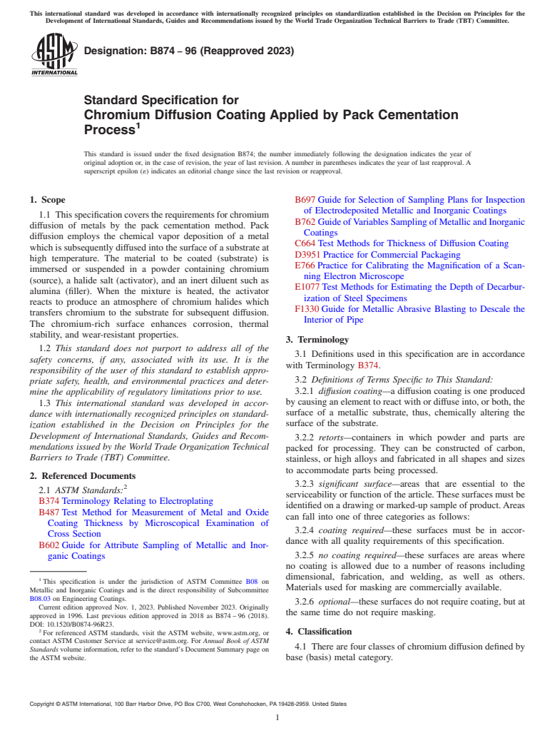 ASTM B874-96(2023) - Standard Specification for  Chromium Diffusion Coating Applied by Pack Cementation Process