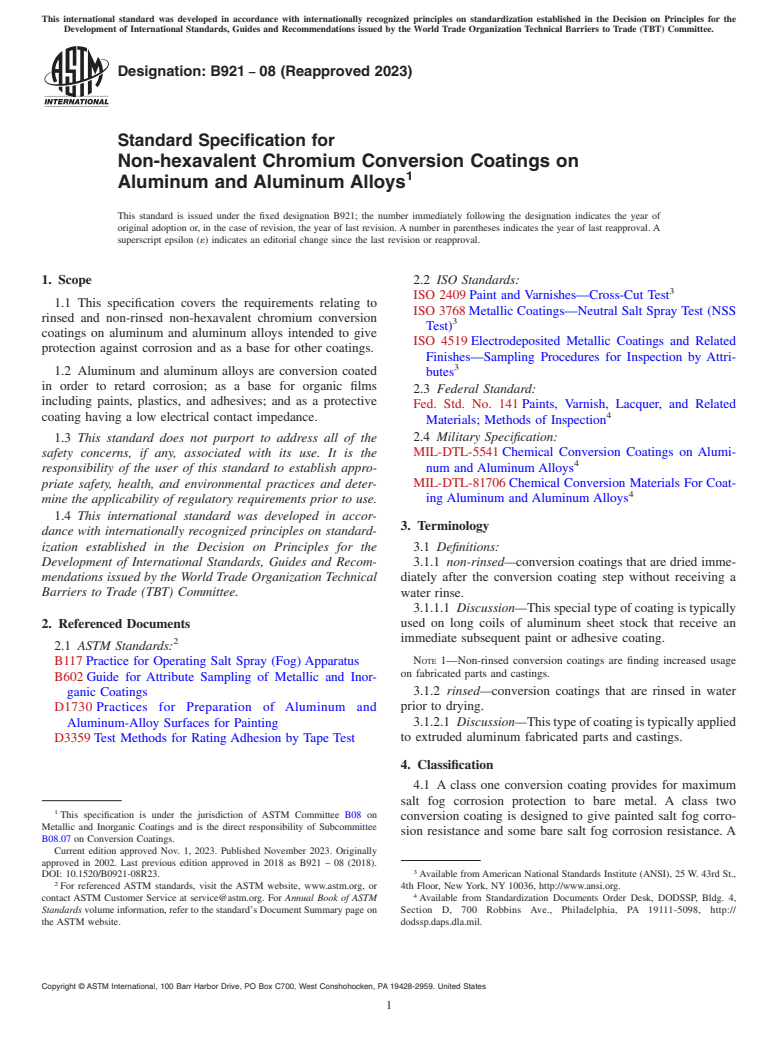 ASTM B921-08(2023) - Standard Specification for Non-hexavalent Chromium Conversion Coatings on Aluminum and   Aluminum Alloys