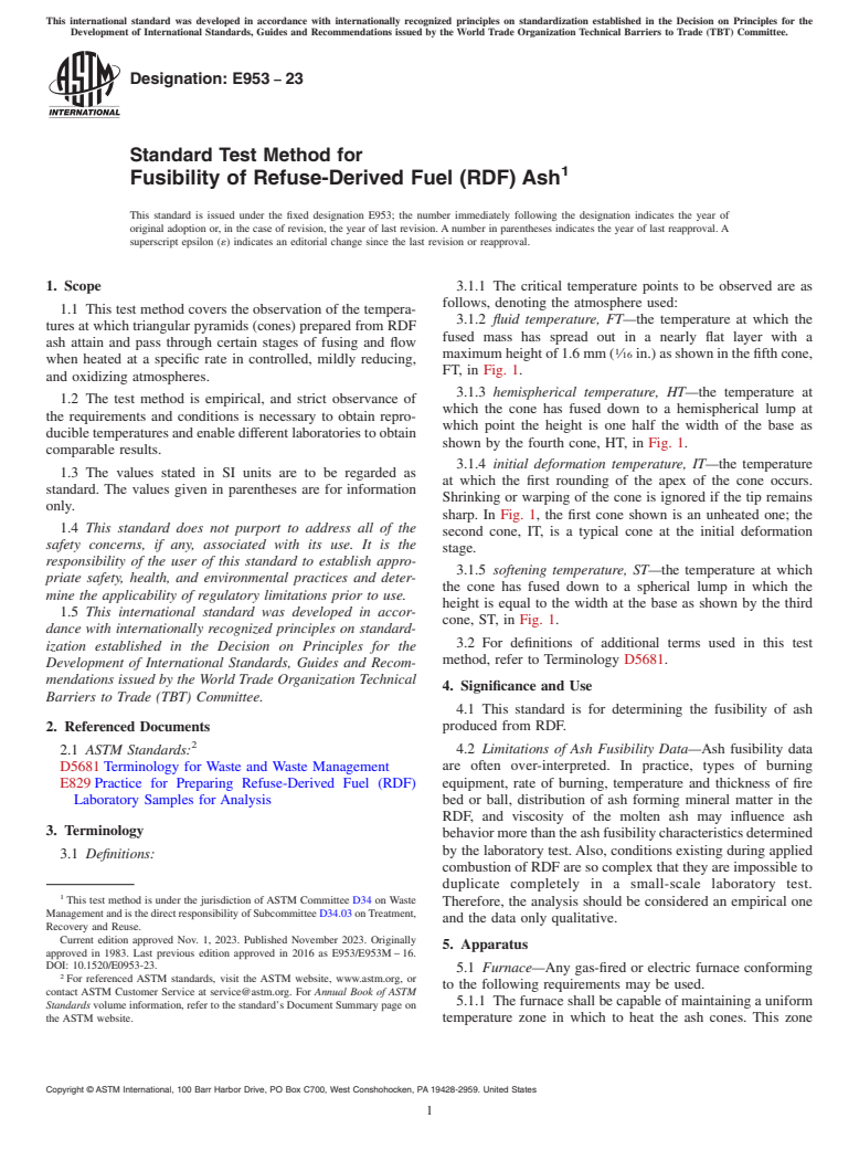ASTM E953-23 - Standard Test Method for  Fusibility of Refuse-Derived Fuel (RDF) Ash