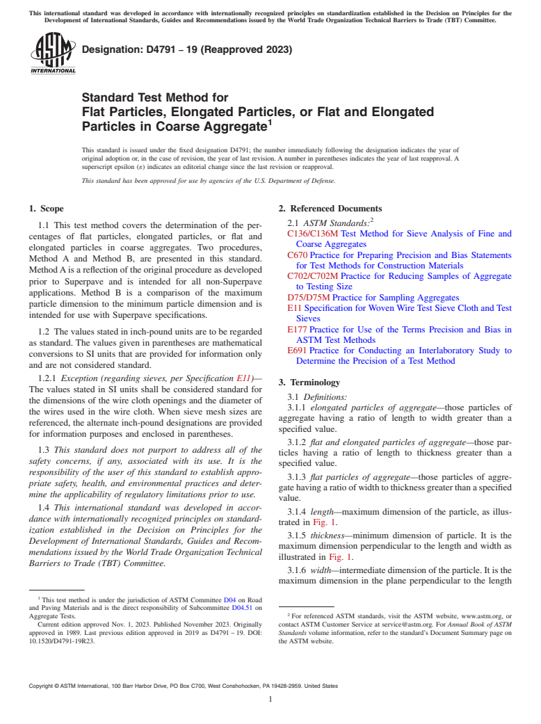 ASTM D4791-19(2023) - Standard Test Method for Flat Particles, Elongated Particles, or Flat and Elongated  Particles in Coarse Aggregate