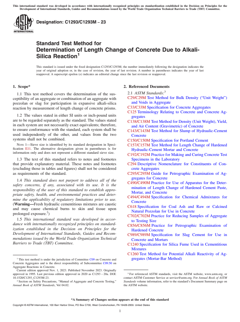 ASTM C1293/C1293M-23 - Standard Test Method for  Determination of Length Change of Concrete Due to Alkali-Silica  Reaction
