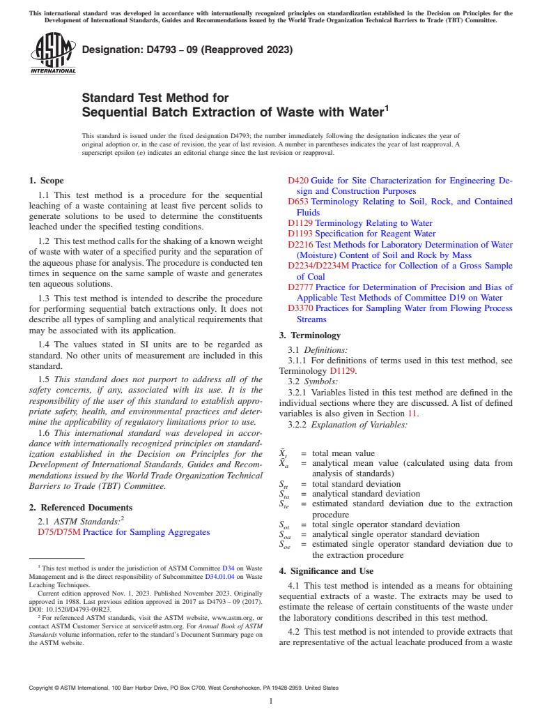 ASTM D4793-09(2023) - Standard Test Method for  Sequential Batch Extraction of Waste with Water