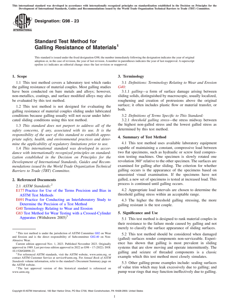 ASTM G98-23 - Standard Test Method for Galling Resistance of Materials