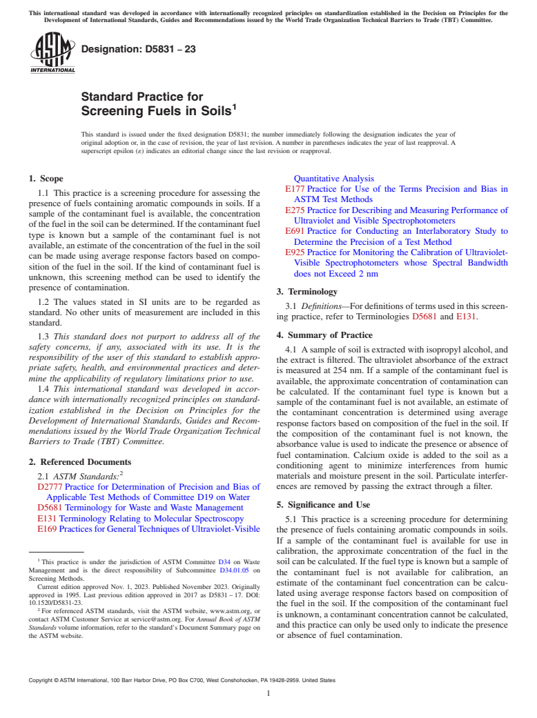 ASTM D5831-23 - Standard Practice for  Screening Fuels in Soils