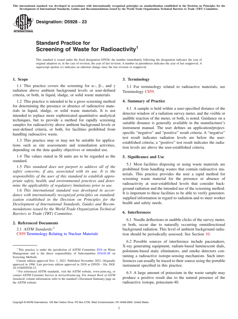 ASTM D5928-23 - Standard Practice for  Screening of Waste for Radioactivity